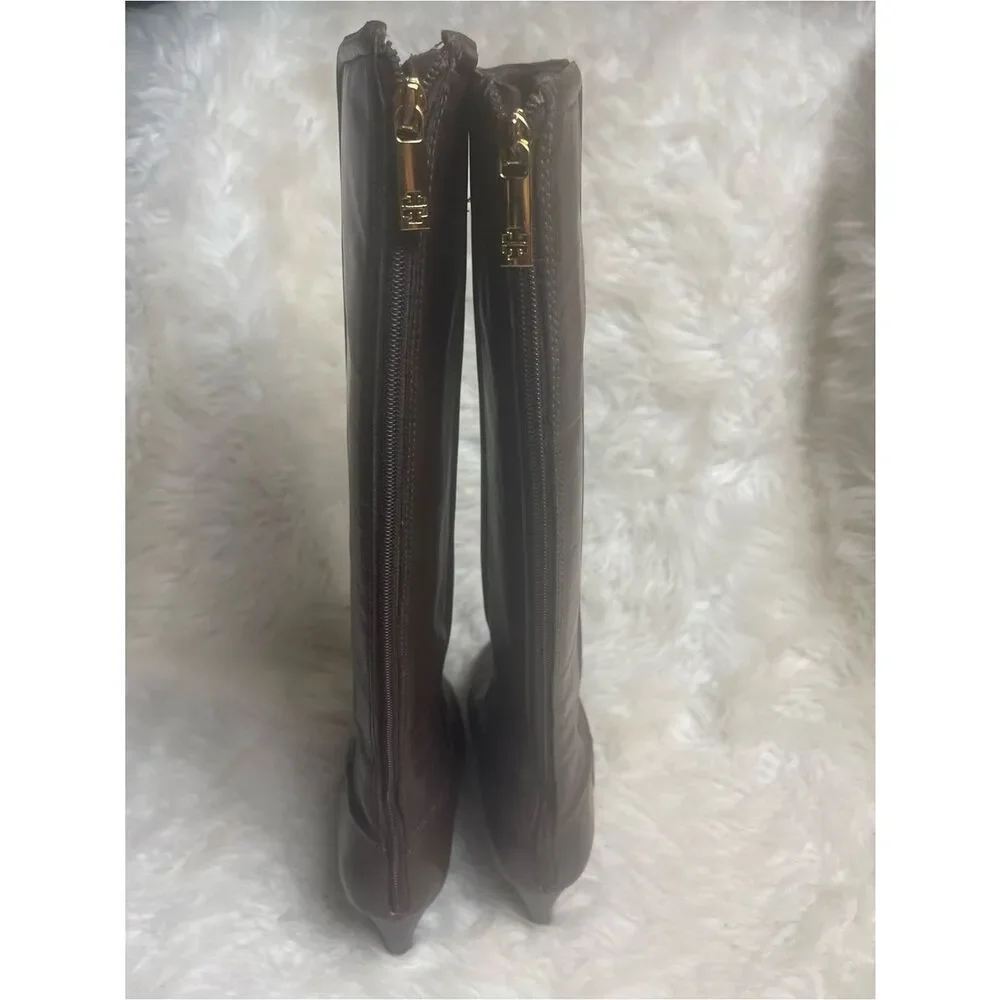 Tory Burch leather Brown Knee-High Wedge Boots back zipper gold tone accent.SZ11